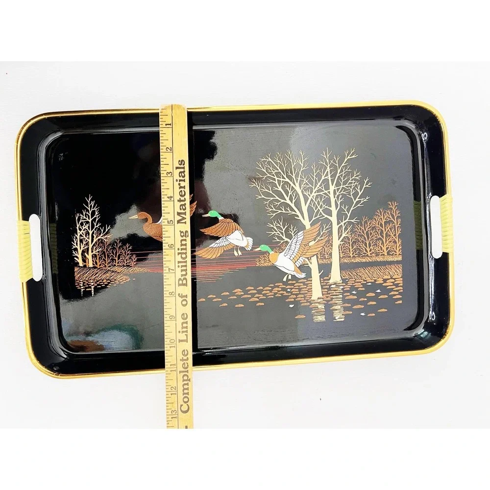 Japan Lacquerware Serving Tray Black Gold Mallard Ducks Nature Scene Shaddy